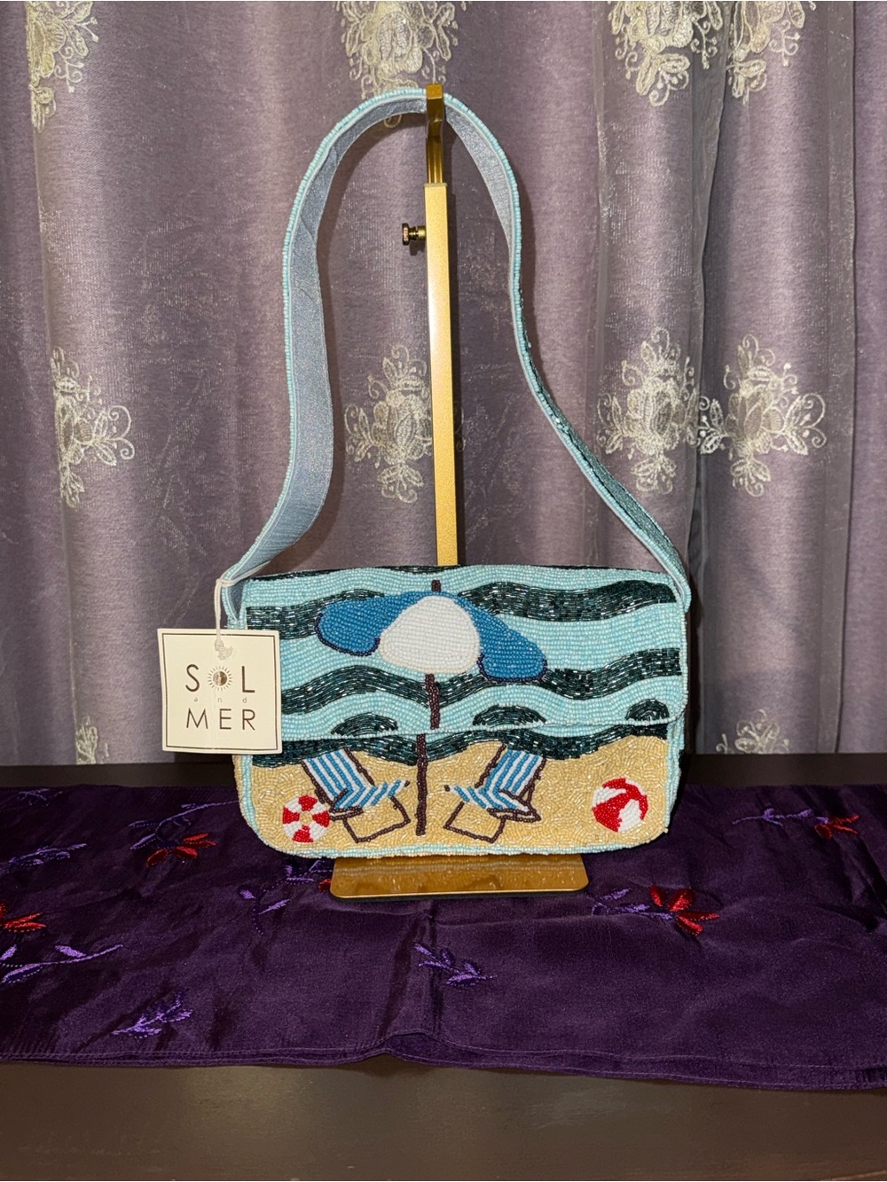 NWT Sol and Mer Beach Umbrella Scene Beaded Flap Bag